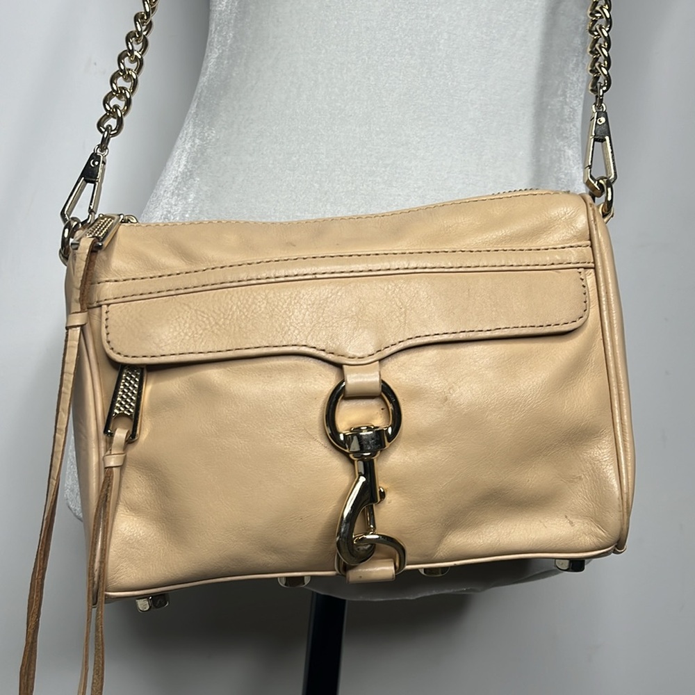 Rebecca Minkoff Mini MAC Tan leather Crossbody Gold Hardware fringe on zippers